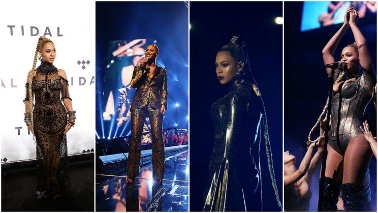 Beyoncé's many outfits from her appearance at the Tidal X: 1015 charity concert Saturday night. (Photos: Getty Images)