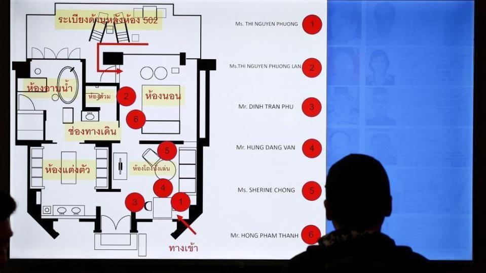 A screen displays the crime scene diagram during a presser following a case of six foreign nationals who were found dead inside a room at Grand Hyatt Erawan Hotel at Lumpini Police Station, in Bangkok, Thailand, July 17, 2024