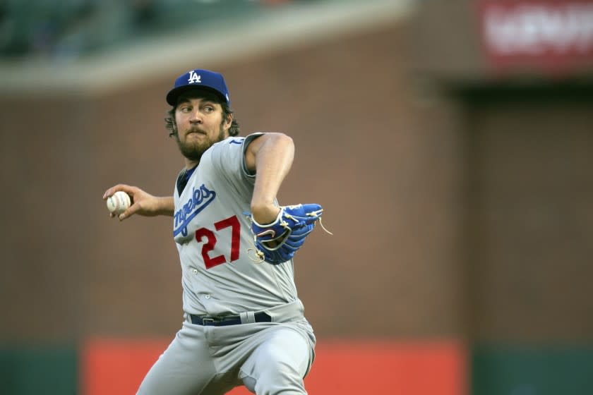 Los Angeles Dodgers starting pitcher Trevor Bauer works against the San Francisco Giants.