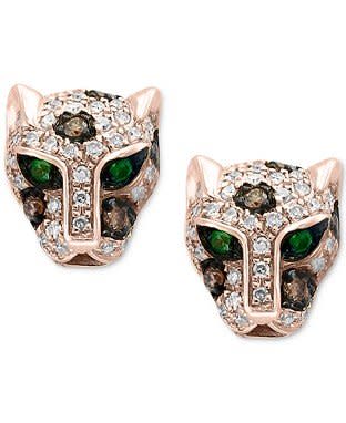 Signature by EFFY Diamond (1/3 ct. t.w.) & Tsavorite Accent Panther Stud Earrings in 14k Rose Gold