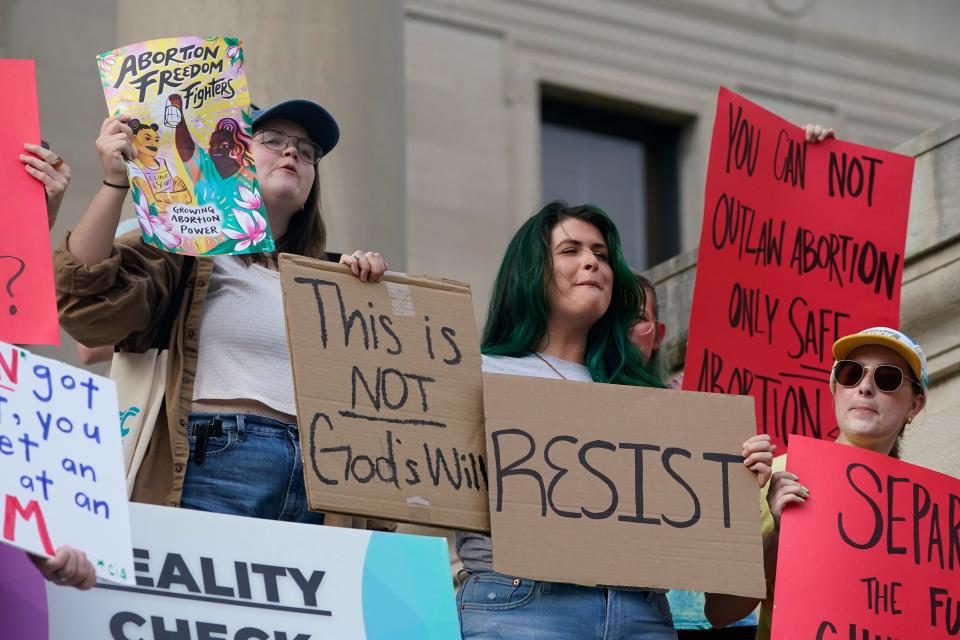 Abortion rights supporters protest the overturning of Roe v. Wade on Tuesday at the Mississippi Capitol in Jackson.