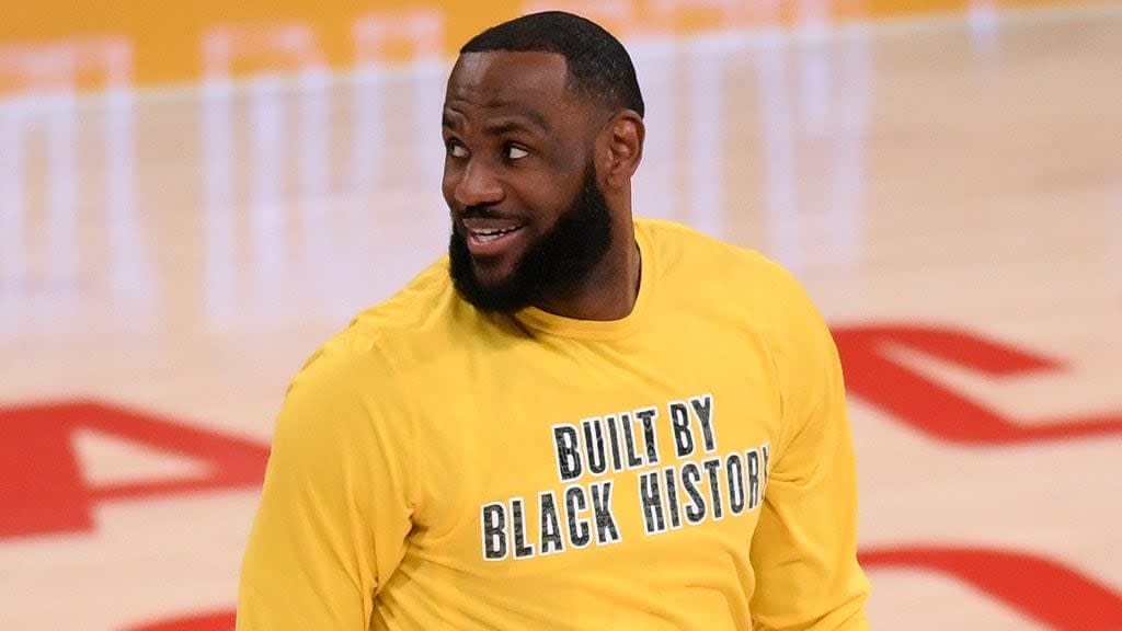 Los Angeles Lakers star LeBron James smiles as he warms up before a recent game against the Portland Trail Blazers at Staples Center in Los Angeles. (Photo by Harry How/Getty Images)