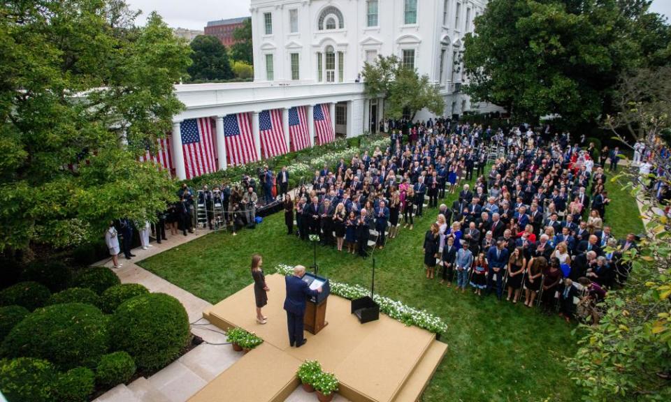 Donald Trump introduces Judge Amy Coney Barrett in the Rose Garden of the White House on 26 September.