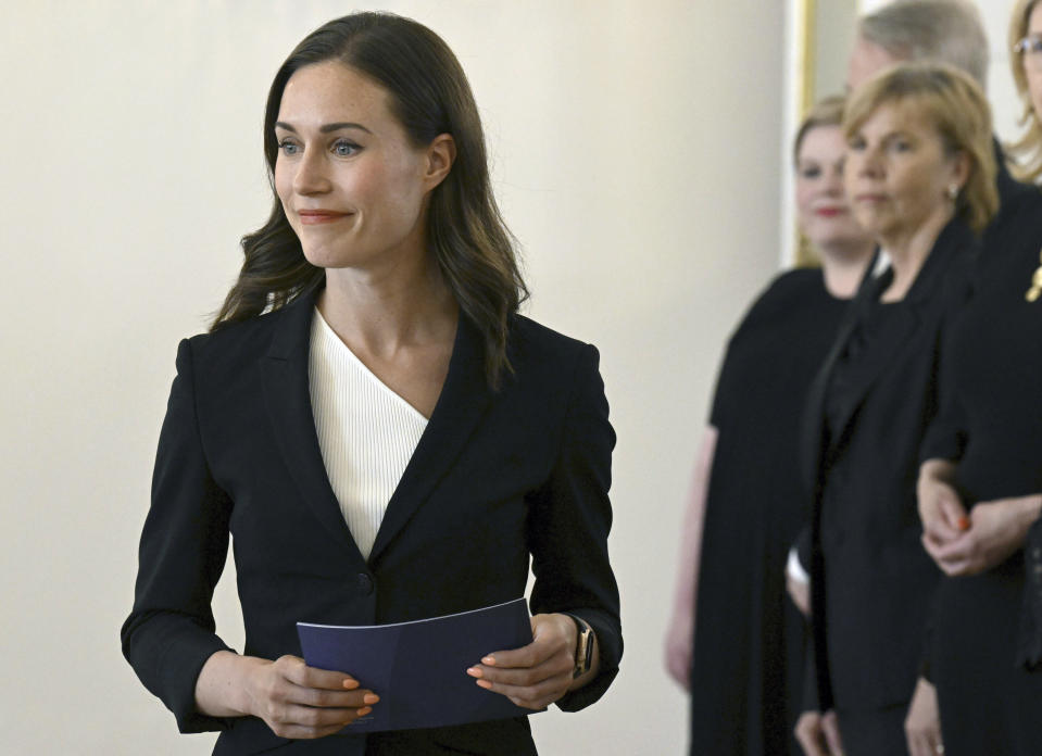 Former Prime Minister and leader of the outgoing government Sanna Marin pays a farewell visit to President of Finland Sauli Niinisto at the Presidential Palace in Helsinki, Finland, Tuesday June 20, 2023. (Jussi Nukari/Lehtikuva via AP)