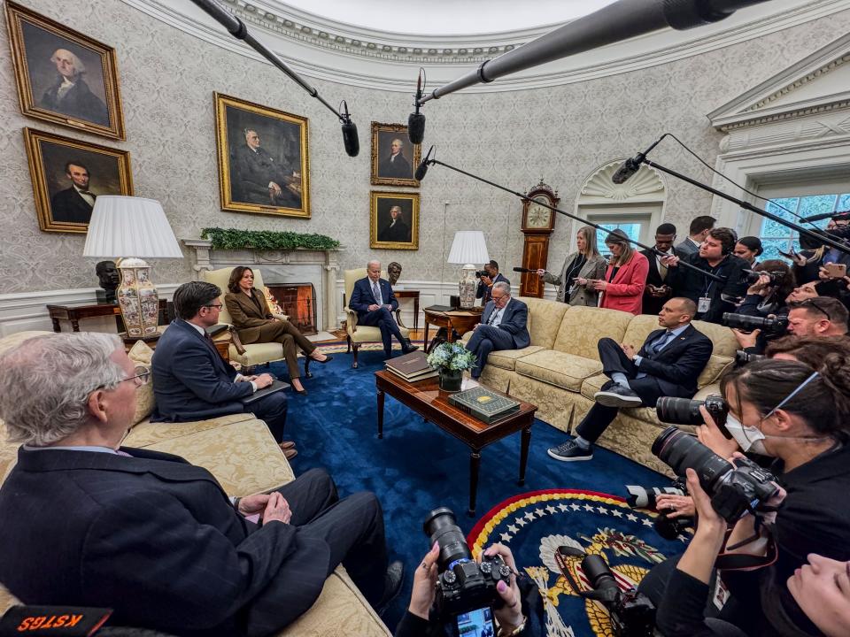 U.S. President Joe Biden meets with (L-R) Senate Minority Leader Mitch McConnell, R-Ky., House Speaker Mike Johnson, R-La., Senate Majority Leader Chuck Schumer, D-N.Y., and House Minority Leader Hakeem Jeffries, D-N.Y., on February 27, 2024 at the White House in Washington, DC.