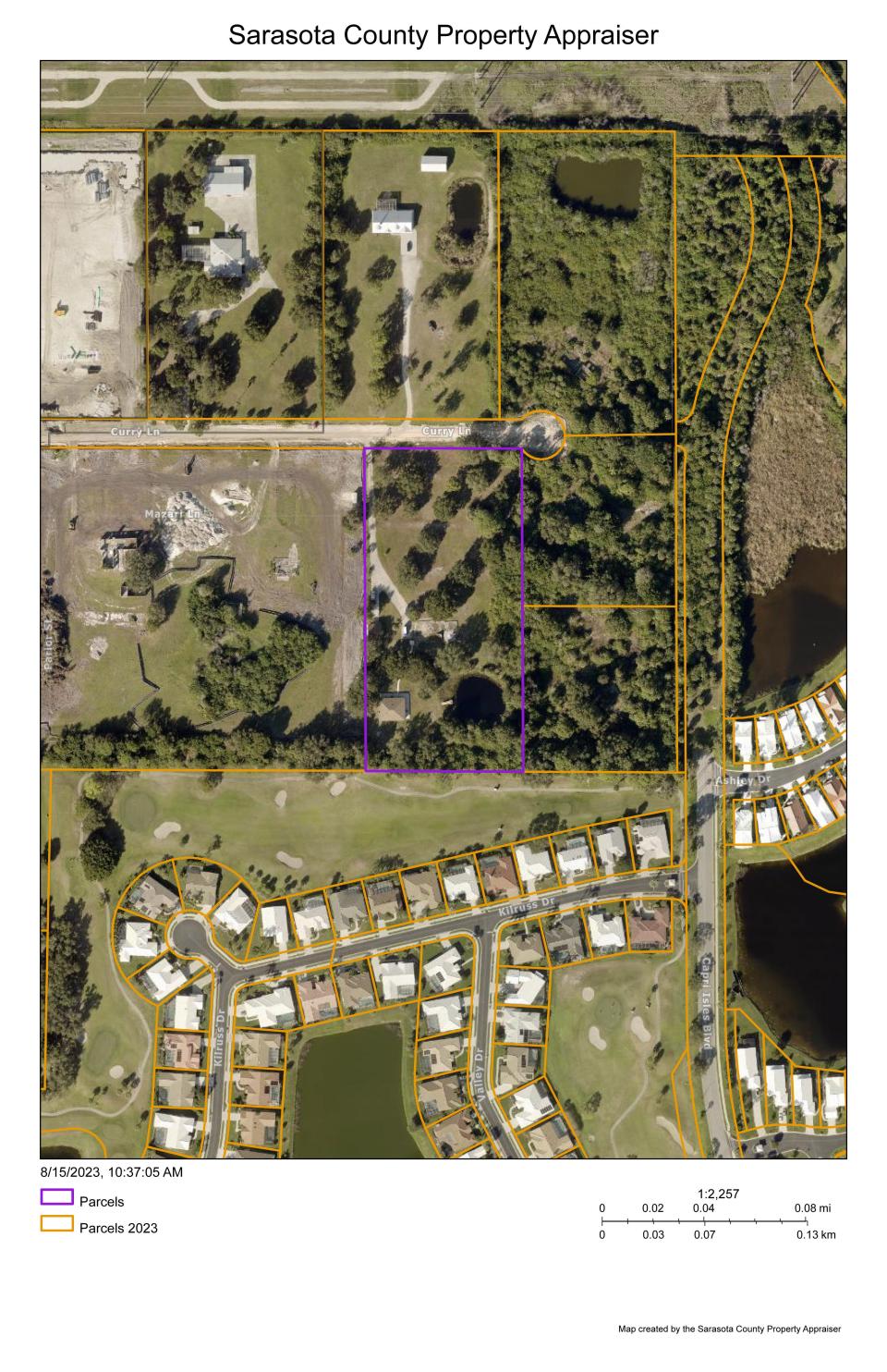 This 5.33-acre parcel on the south side of Curry Lane, outlined in this map from the Sarasota County Property Appraiser’s Office, is being eyed as the site for Curry Lake Apartments, a 65-unit market rate apartment complex. A Zoom Neighborhood Workshop on the proposal is scheduled for 6 p.m., Aug. 23.