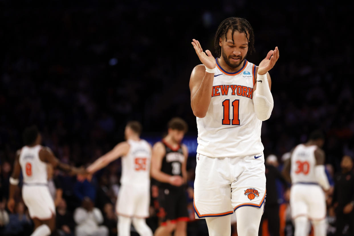 NEW YORK, NEW YORK - JANUARY 17: Jalen Brunson #11 of the New York Knicks reacts during the second half against the Houston Rockets at Madison Square Garden on January 17, 2024 in New York City. The Knicks won 109-94. NOTE TO USER: User expressly acknowledges and agrees that, by downloading and/or using this Photograph, user is consenting to the terms and conditions of the Getty Images License Agreement. (Photo by Sarah Stier/Getty Images)