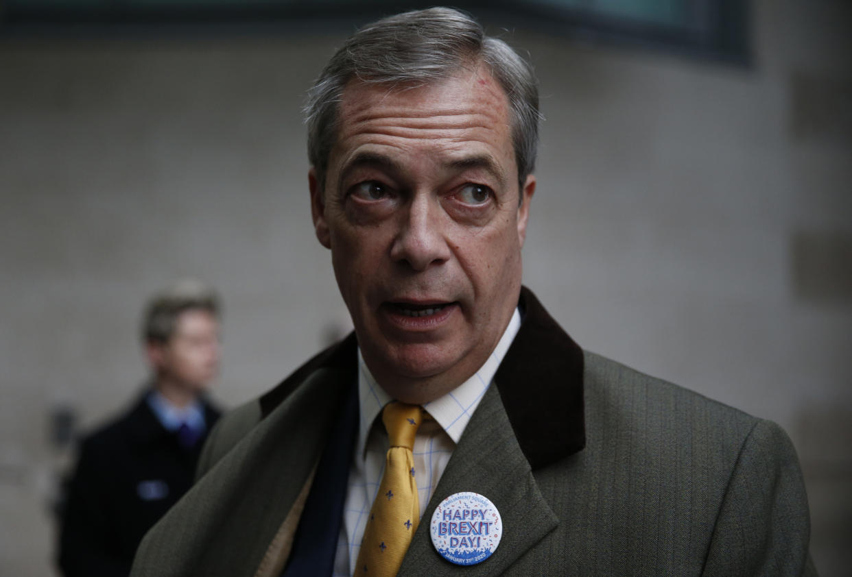 LONDON, ENGLAND - FEBRUARY 02: Brexit Party leader and former MEP, Nigel Farage arrives to appear on the Andrew Marr Show at BBC Television Centre on February 2, 2020 in London, England. (Photo by Hollie Adams/Getty Images)