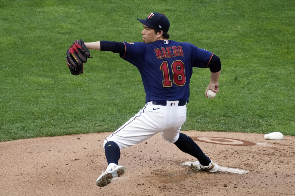 Minnesota Twins pitcher Kenta Maeda throws to a Detroit Tigers batter during the second inning of a baseball game Friday, July 9, 2021, in Minneapolis. (AP Photo/Jim Mone)