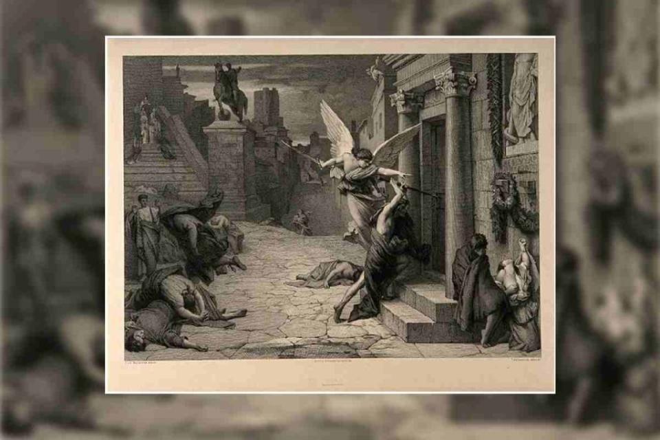 El ángel de la muerte golpeando una puerta durante la plaga de Roma. Grabado de Levasseur según J. Delaunay. Colecciones Iconográficas.