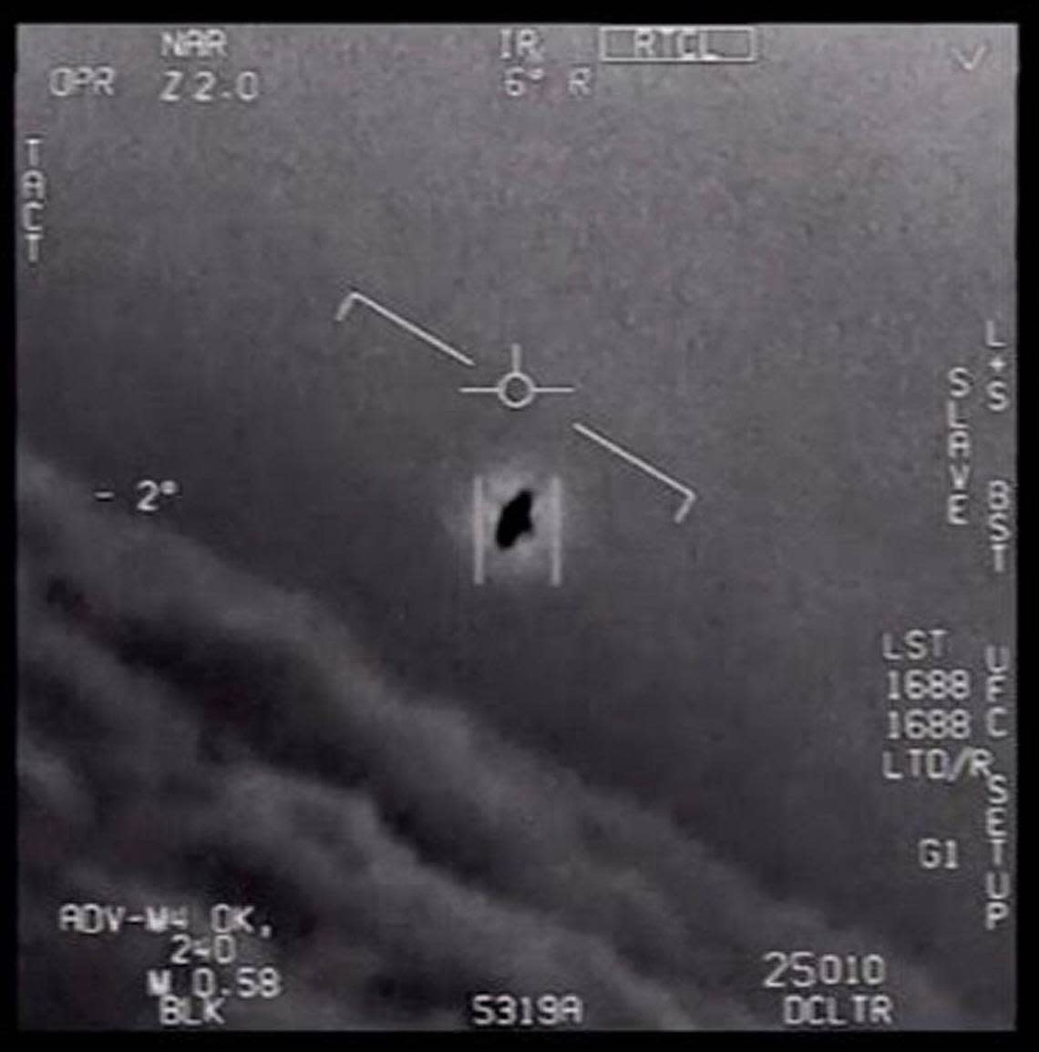 In an undated handout image taken from a video released by the Defense Department’s Advanced Aerospace Threat Identification Program, a 2004 encounter near San Diego between two Navy F/A-18F fighter jets and an unknown object. UFOs have been repeatedly investigated over the decades in the United States, including by the American military. U.S. Department of Defense/The New York Times