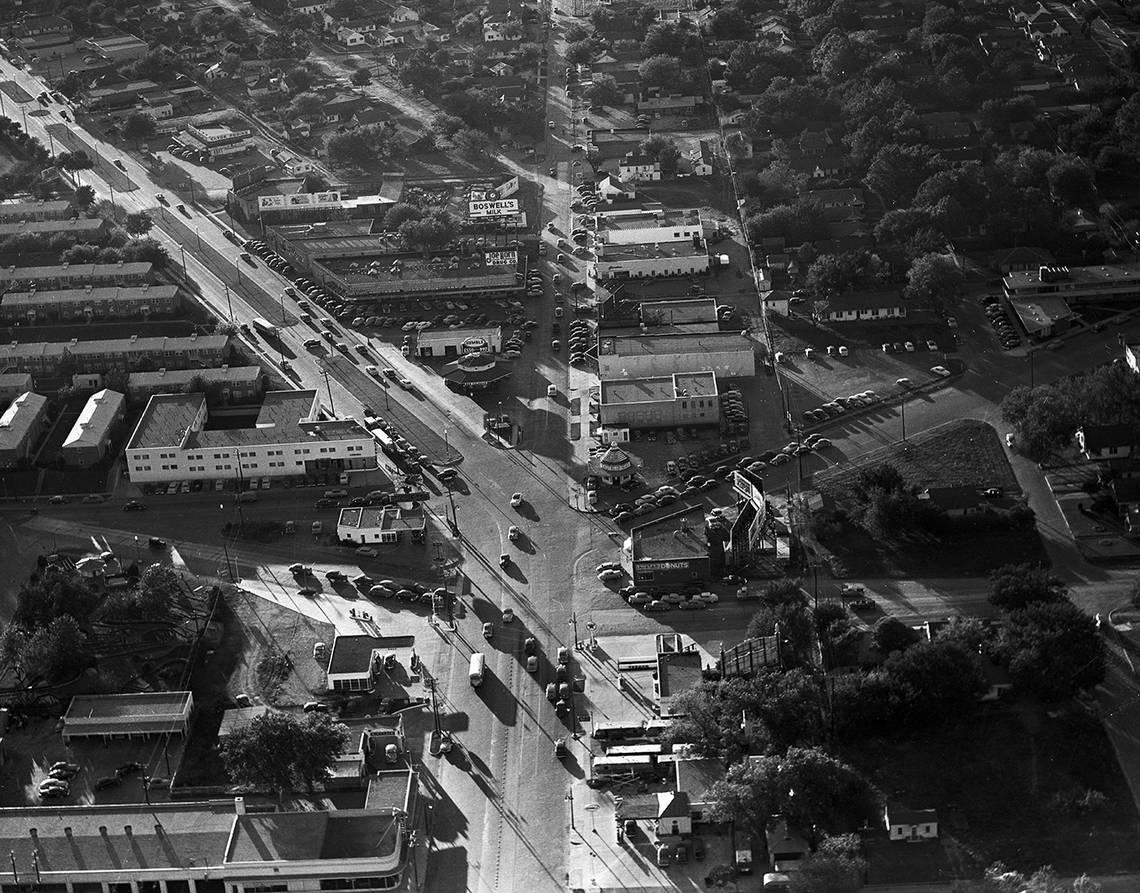 Jan. 14, 1950: “Traffic experts expect the East-West Expressway to ease some of the congestion at this Arlington Heights intersection by routing ‘through city’ and a portion of crosstown traffic away from Camp Bowie and W. 7th Street. Except for the expressway, there is little hope for better traffic conditions at the point which intersects W. 7th, Camp Bowie, University and Bailey, although a traffic count and retiming of signals are planned in the immediate future. An example of the necessary slowdown at the intersections is shown as cars moving in four directions wait at red lights for one other line of cars as shown from aerial view.”