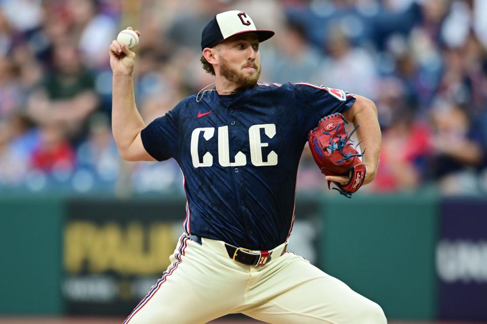 Aug 23, 2024; Cleveland, Ohio, USA; Cleveland Guardians starting pitcher Tanner Bibee (28) throws a pitch during the first inning against the Texas Rangers at Progressive Field. Mandatory Credit: Ken Blaze-USA TODAY Sports