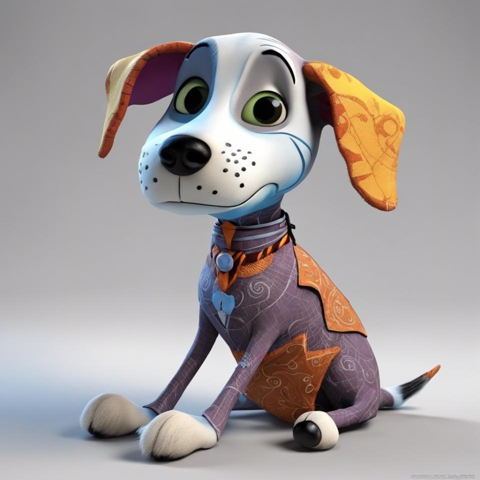3D AI-generated image of a dog that resembles Sally from "The Nightmare Before Christmas," looking like it's sewn together with fun fabrics
