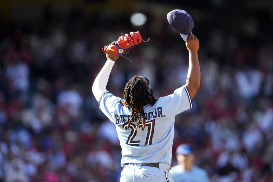 Toronto Blue Jays' Vladimir Guerrero Jr. celebrates after a 12-11 win over the Los Angeles Angels during a baseball game Sunday, April 9, 2023, in Anaheim, Calif. (AP Photo/Marcio Jose Sanchez)