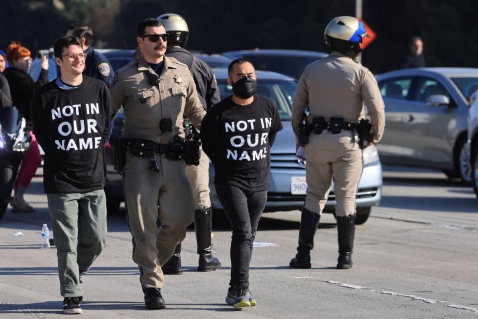 A law enforcement officer detains demonstrators during protest on 110 Freeway in Los Angeles (REUTERS)