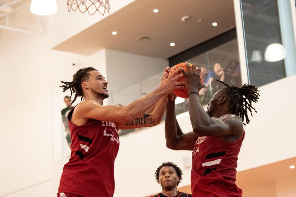 (Frome left) Rutgers Basketball players #22 Caleb McConnell and #11 Cliff Omoruyi  during a practice at the RWJ Barnabas Health Athletic Performance Center in Piscataway, NJ on Friday October 15, 2021. 