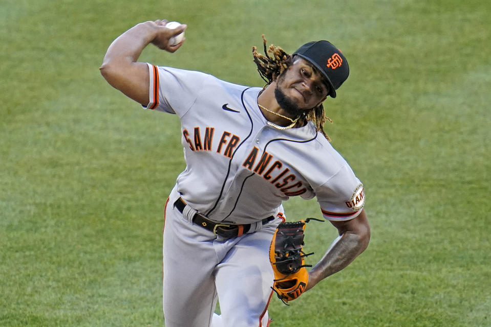 San Francisco Giants relief pitcher Camilo Doval delivers during the ninth inning of a baseball game against the Pittsburgh Pirates in Pittsburgh, Saturday, June 18, 2022. (AP Photo/Gene J. Puskar)