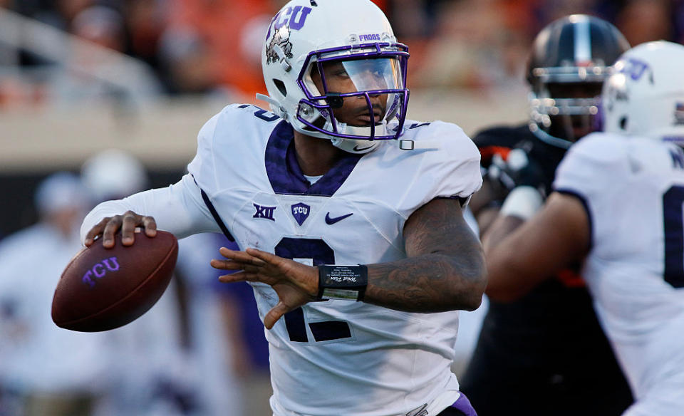 STILLWATER, OK - NOVEMBER 7: Quarterback Trevone Boykin #2 of the TCU Horned Frogs looks to throw against the Oklahoma State Cowboys November 7, 2015 at Boone Pickens Stadium in Stillwater, Oklahoma. The Cowboys defeated the Horned Frogs 49-29. (Photo by Brett Deering/Getty Images)