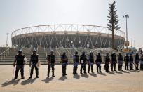 RAF personnel personnel stand guard outside Sardar Patel Gujarat Stadium, where U.S. President Donald Trump is scheduled to address a "Namaste Trump" event in Ahmedabad