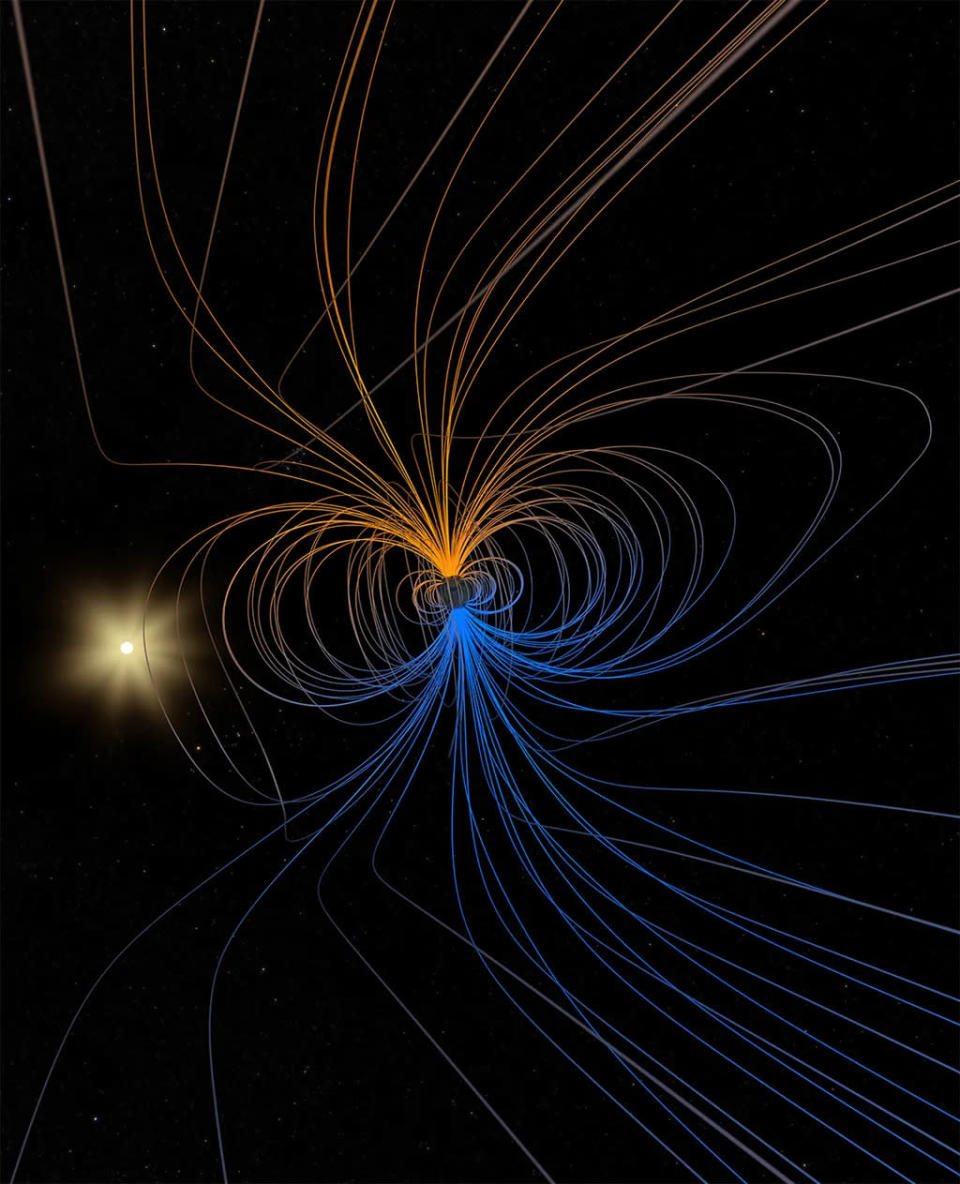 Representação do campo magnético que protege a Terra de partículas nocivas (Imagem: Reprodução/Goddard Space Flight Center da NASA)