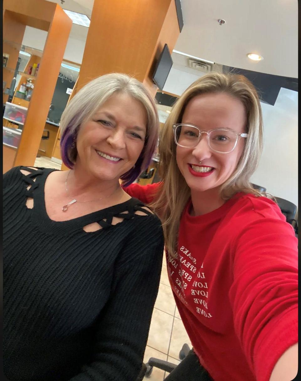 Teena Rife, left, poses with Kaitlin Rice after her latest appointment. Rife won a makeover contest through the Marion Area Chamber of Commerce in 2020 and has been a returning client since.