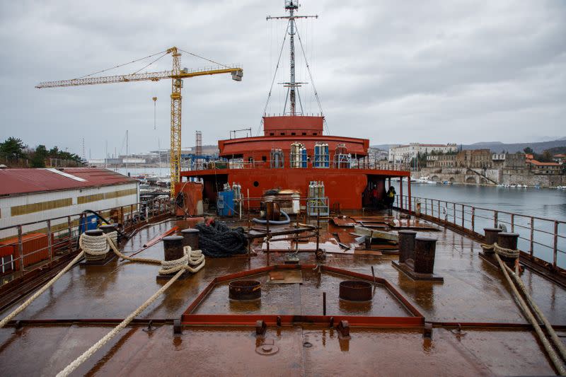 Bow deck of the Galeb yacht is seen at Kraljevica shipyard