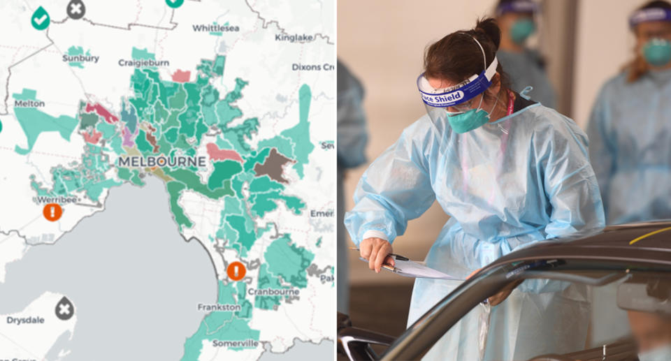 A Department of Health map, pictured left, shows where Covid-19 fragments have been detected in wastewater in Melbourne. On the right is a health care worker at a Melbourne drive-thru testing clinic.