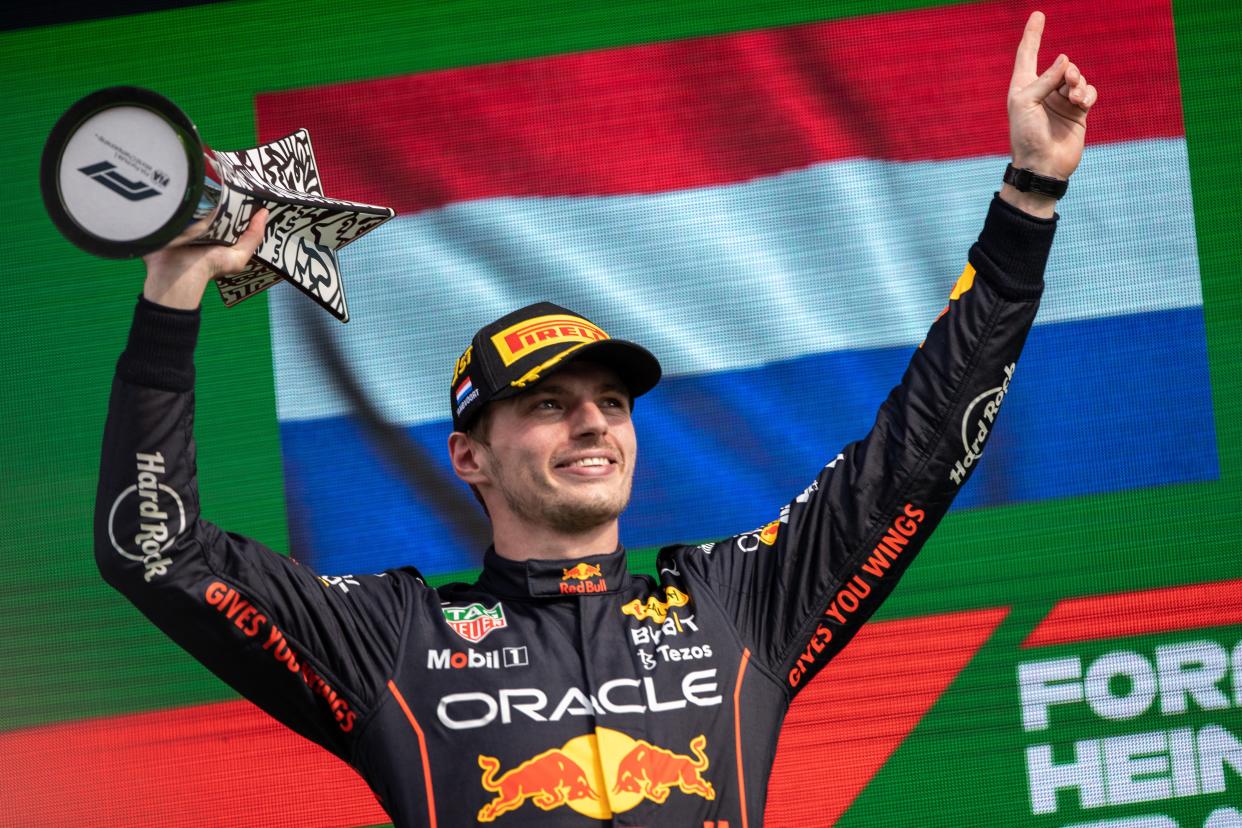 Red Bull Racing's Dutch driver Max Verstappen celebrates during the trophy ceremony after the Formula 1 Dutch Grand Prix at Zandvoort Circuit, the Netherlands, Sept. 4, 2022. (Photo by Qian Jun/Xinhua via Getty Images)