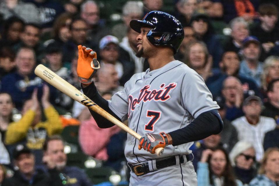 Detroit Tigers second baseman Jonathan Schoop (7) reacts after striking out in the third inning during a game against the Milwaukee Brewers at American Family Field in Milwaukee on Wednesday, April 26, 2023.