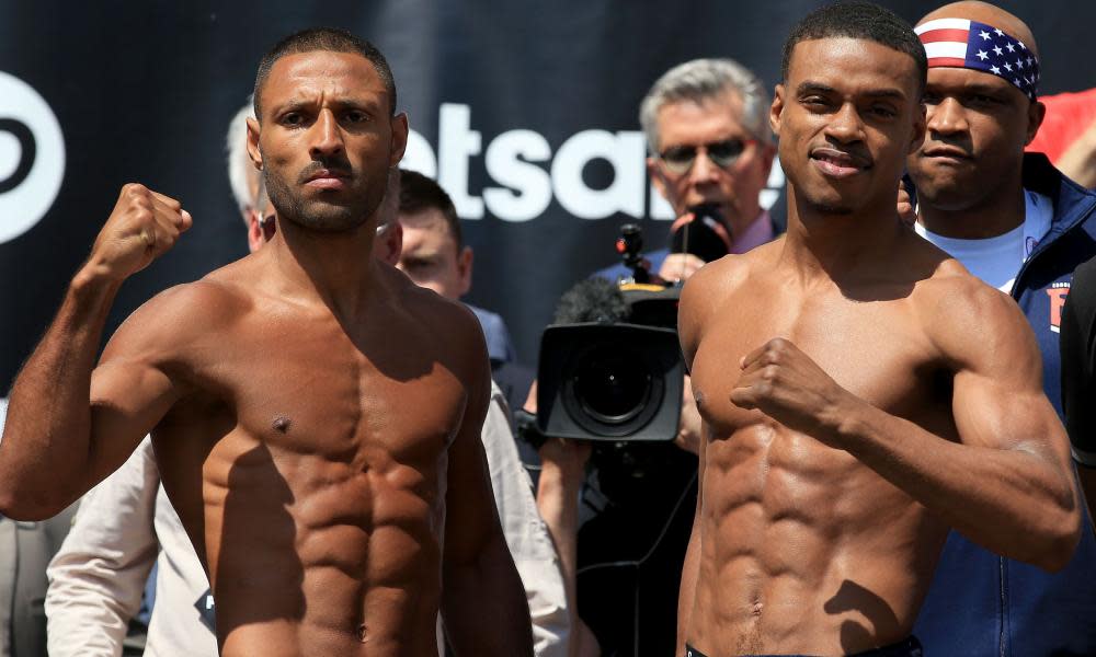 Kell Brook, left, and Errol Spence Jr during Friday’s weigh-in at Sheffield City Hall. 