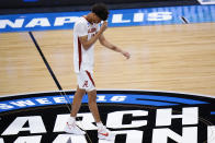 Alabama forward Darius Miles (12) walks off the court after losing to UCLA 88-86 in overtime in a Sweet 16 game in the NCAA men's college basketball tournament at Hinkle Fieldhouse in Indianapolis, Sunday, March 28, 2021. (AP Photo/AJ Mast)