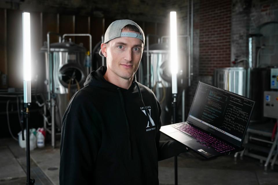 Oct 17, 2023; Columbus, Ohio, USA; Species X Beer owner Beau Warren is opening up a new brewery in the former Platform Beer Co. space. The brewery will incorporate AI in its beer recipes and is using computing technology to attain its goal of brewing beer in orbit and eventually Mars.