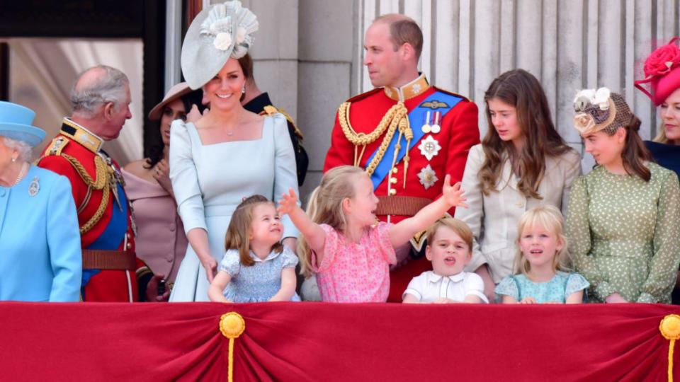 Catherine, Duchess of Cambridge, Princess Charlotte of Cambridge, Savannah Phillips, Prince William, Duke of Cambridge and Prince George of Cambridge stand on the balcony of Buckingham Palace during Trooping The Colour 2018 on June 9, 2018 in London, England