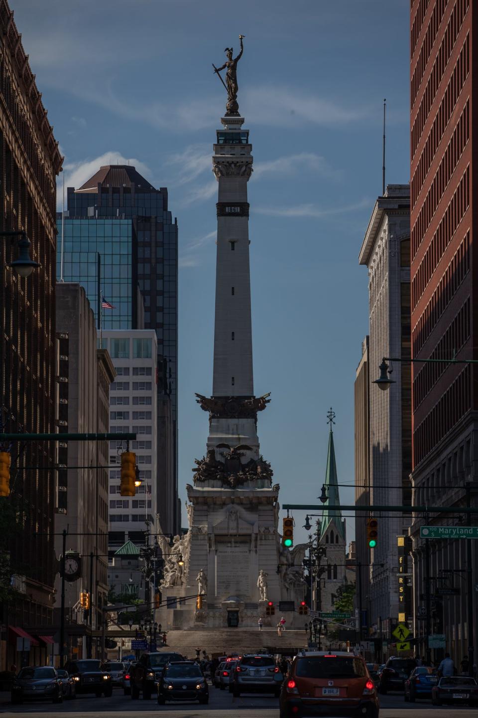 IMPD blocks Meridian Street at Monument Circle during a protest on Friday, June 5, 2020.