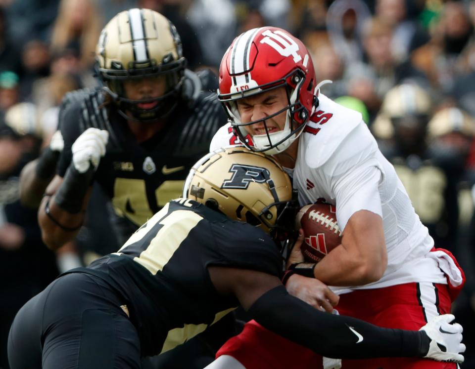 Brendan Sorsby carries the ball for Indiana against Purdue Nov. 25. Sorsby has transferred to the Cincinnati Bearcats.