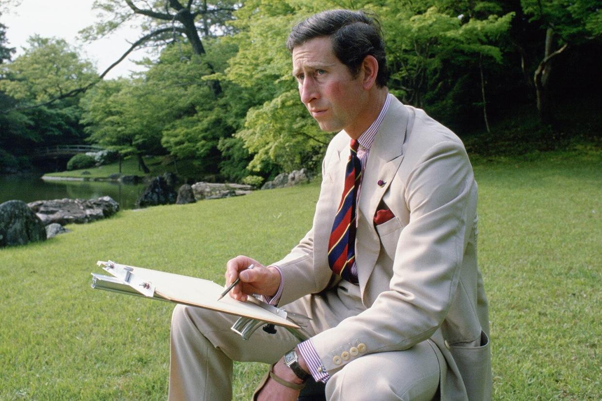 Prince Charles sketching in the gardens of Omiya Palace