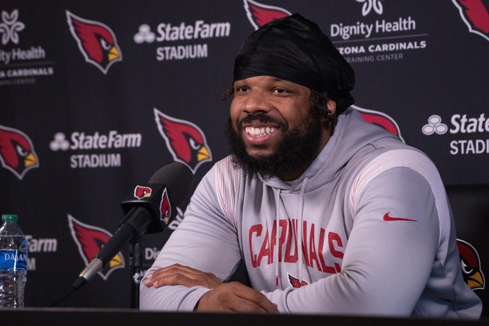 Linebacker Kyzir White speaks to the media during a news conference at the Arizona Cardinals Dignity Health Training Center on April 15, 2024, in Tempe.