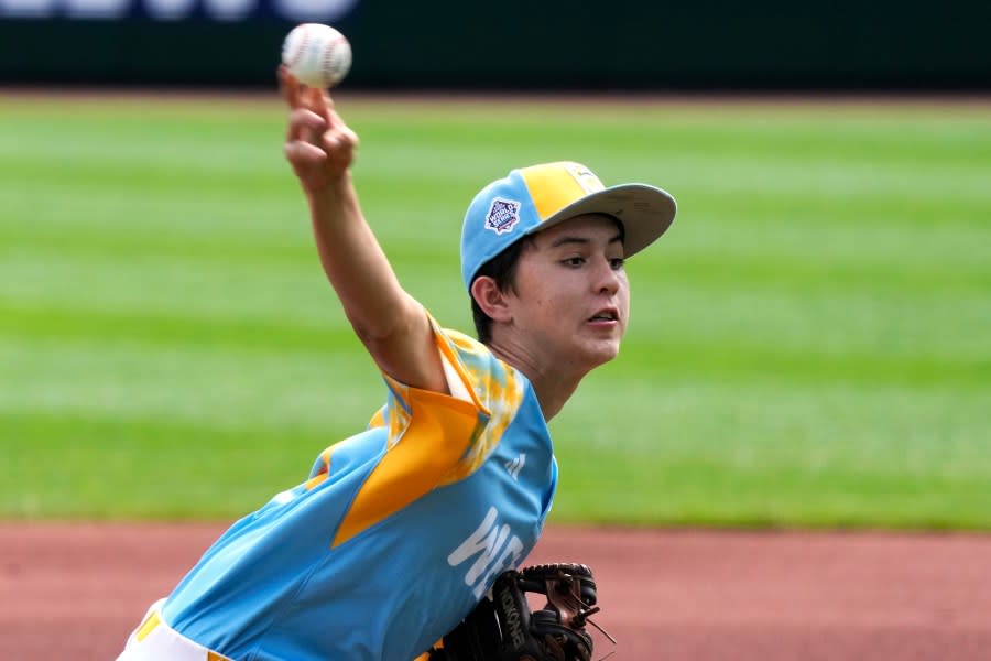 El Segundo, Calif.’s Louis Lappe delivers during the first inning of the United States Championship baseball game against Needville, Texas at the Little League World Series tournament in South Williamsport, Pa., Saturday, Aug. 26, 2023. (AP Photo/Gene J. Puskar)