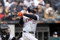 Detroit Tigers' Colt Keith watches his fly out in the second inning of his Major League debut during the Chicago White Sox's home opener baseball game Thursday, March 28, 2024, in Chicago. (AP Photo/Charles Rex Arbogast)