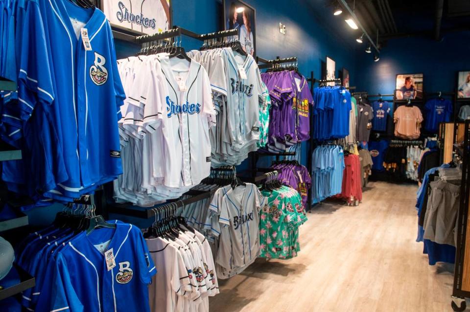 Merchandise offerings at Shuckers Shop at Shuckers Ballpark on Friday, May 10, 2024. During the offseason, Shuckers Ballpark underwent renovations, including expanding the merchandise store, allowing for more merchandise offerings.