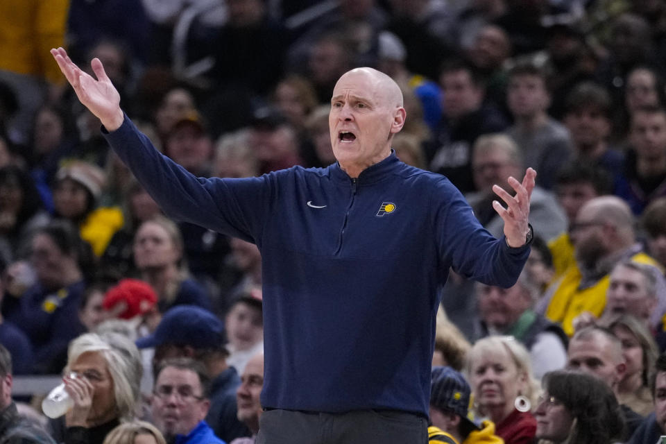 Indiana Pacers head coach Rick Carlisle gestures after he was charged with a technical during the second half of an NBA basketball game against the Los Angeles Clippers in Indianapolis, Monday, Dec. 18, 2023. (AP Photo/Michael Conroy)