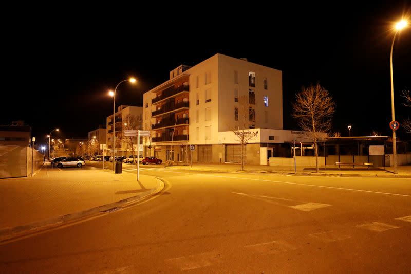 Empty streets are seen in the village of Igualada after Spain placed four towns around the village under quarantine and indefinite lockdown, after a significant outbreak of the coronavirus (COVID-19) in the area