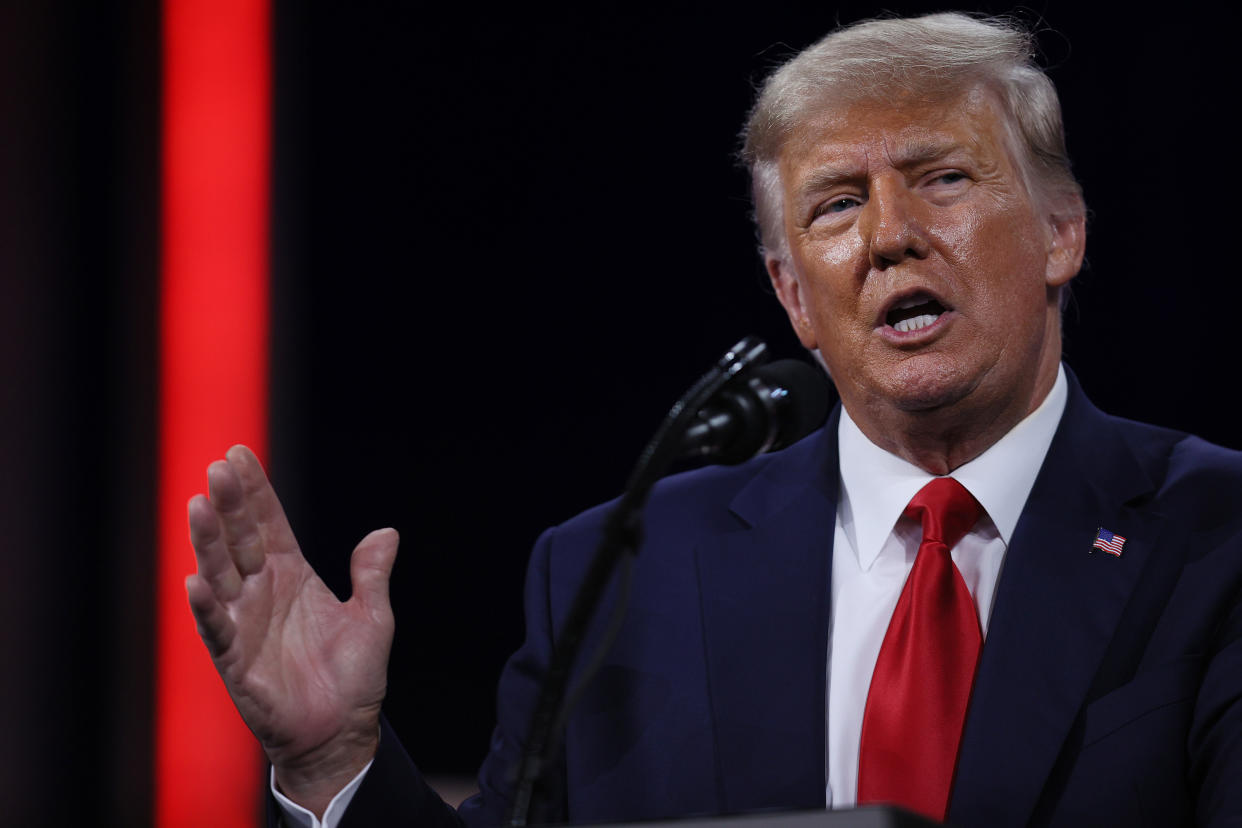 Former U.S. President Donald Trump addresses the Conservative Political Action Conference (CPAC) held in the Hyatt Regency on February 28, 2021 in Orlando, Florida. (Joe Raedle/Getty Images)