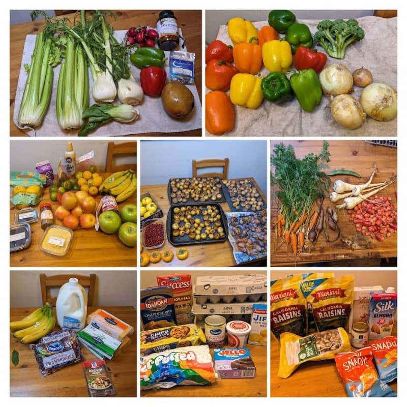 grid of produce and dried goods laid out in table