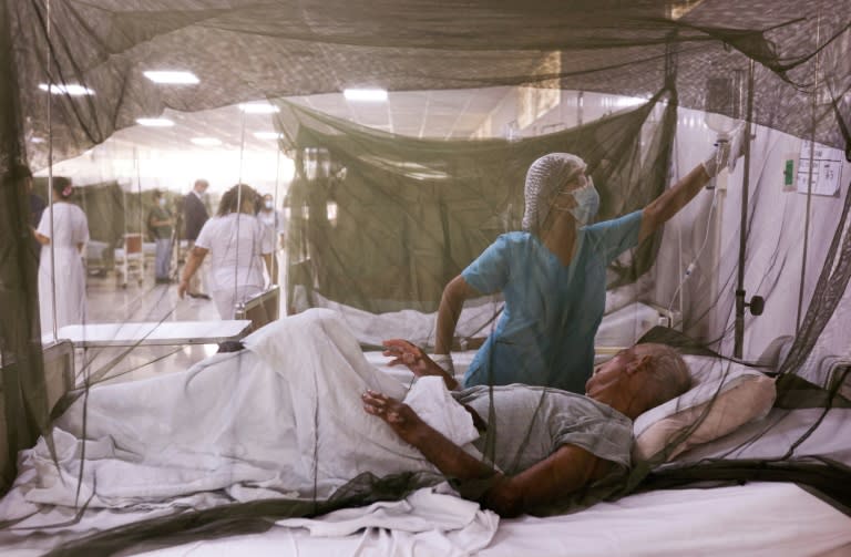 Une infirmière s'occupe d'un patient infecté par le virus de la dengue à l'hôpital Sergio Bernales de Lima, le 17 avril 2024 (Juan Carlos CISNEROS)