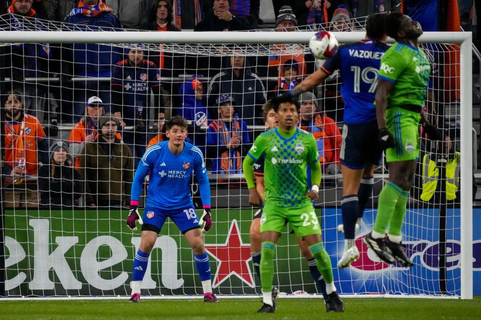 FC Cincinnati goalkeeper Roman Celentano (18) guards the net in the second half of the MLS match between FC Cincinnati and the Seattle Sounders at TQL Stadium in Cincinnati on Saturday, March 11, 2023. FC Cincinnati won 1-0.