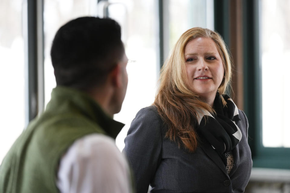 Candace Cabanas, the Republican nominee for a Bucks County special election to fill a vacant Pennsylvania state House seat, speaks with Carl Marrara of the Pennsylvania Manufacturers' Association after his organization endorsed her, in Fairless Hills, Pa., Wednesday, Jan. 31, 2024. (AP Photo/Matt Rourke)
