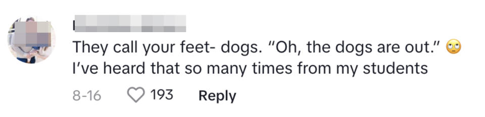 Commenter explaining how her students say "Oh the dogs are out" when people are wearing open-toed shoes