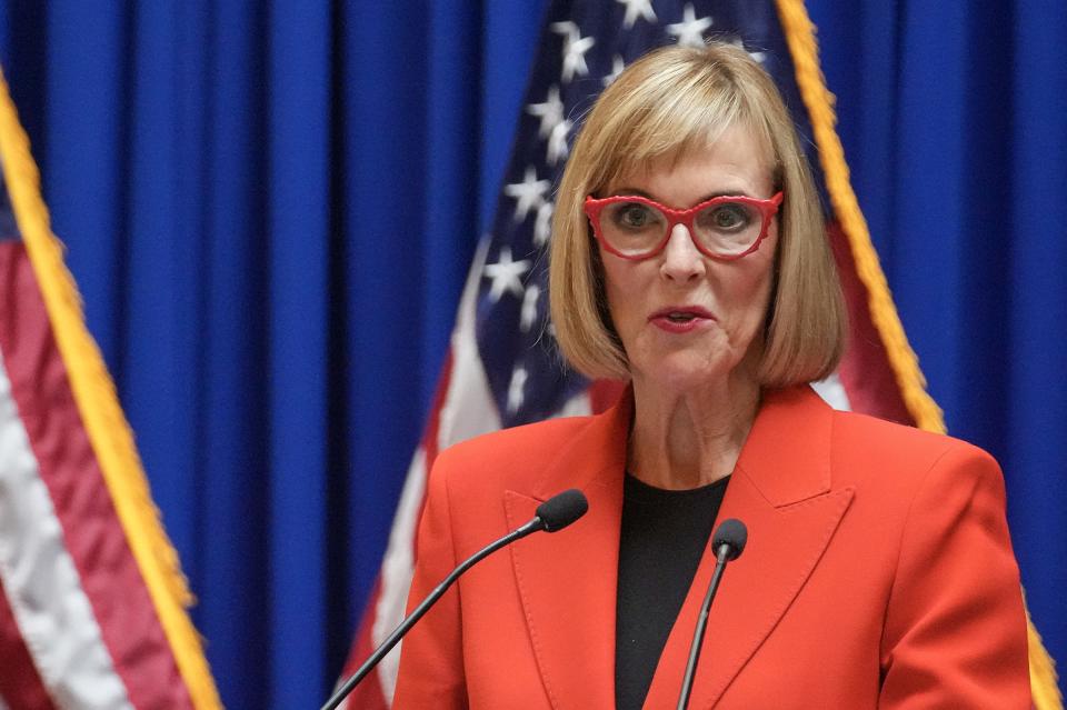 Lt. Gov. Suzanne Crouch speaks during Indiana's oath of office ceremony Monday, Jan. 9, 2023, at the Indiana Statehouse in Indianapolis.